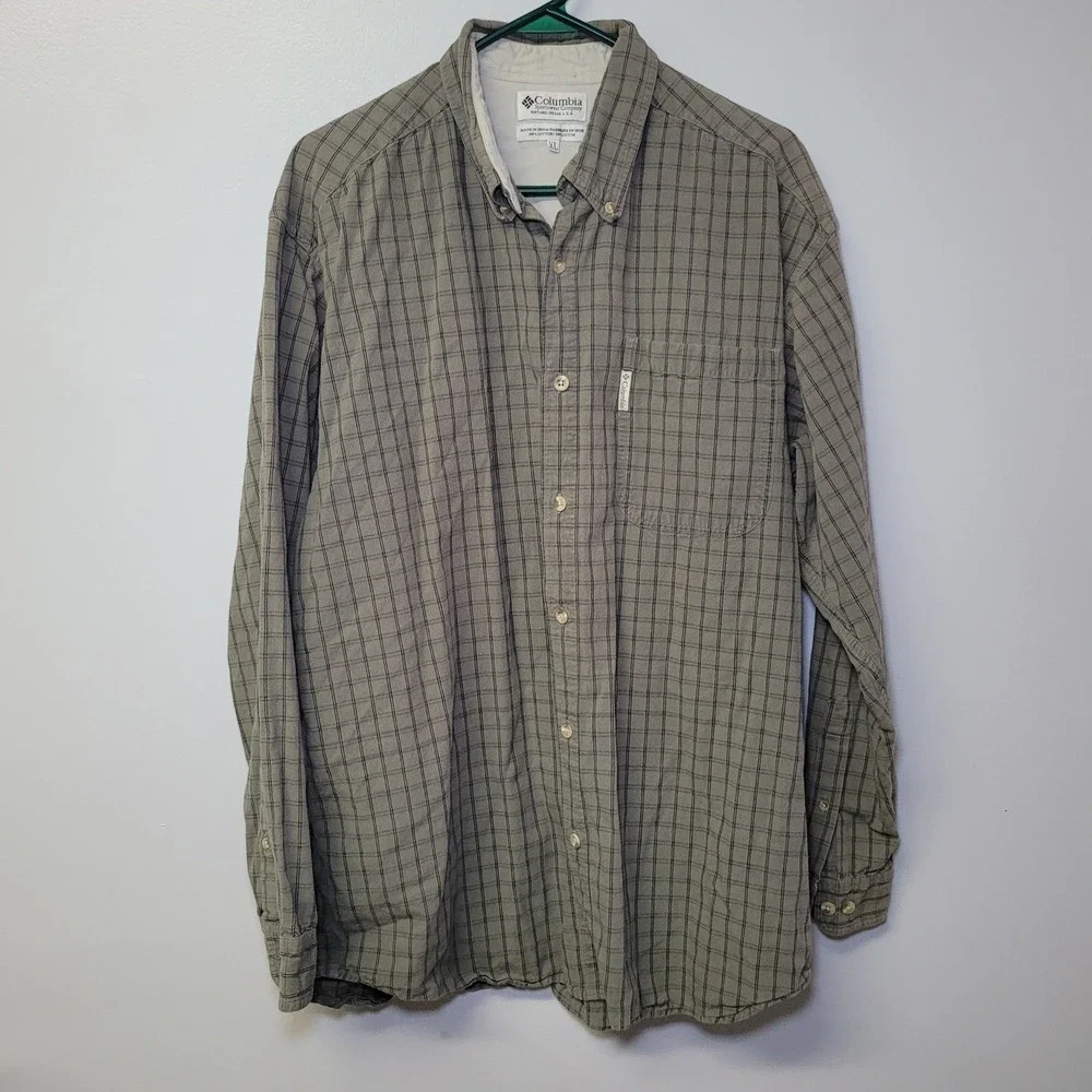 Columbia Mens XL‎ Shirt Long Sleeve Button Down Plaid Green Gray Cotton